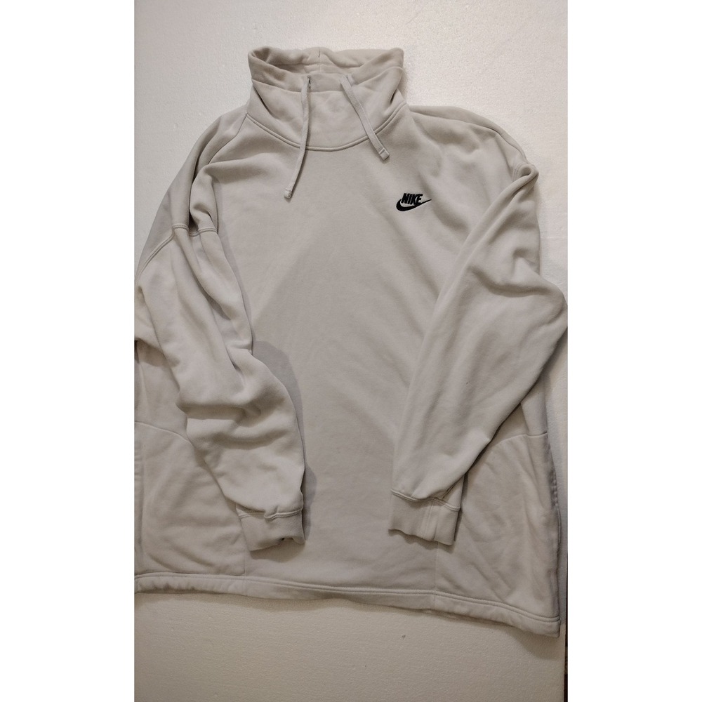 Nike Pullover Sweatshirt Mens L Funnel Neck Drawstring Embroidered Swoosh Beige